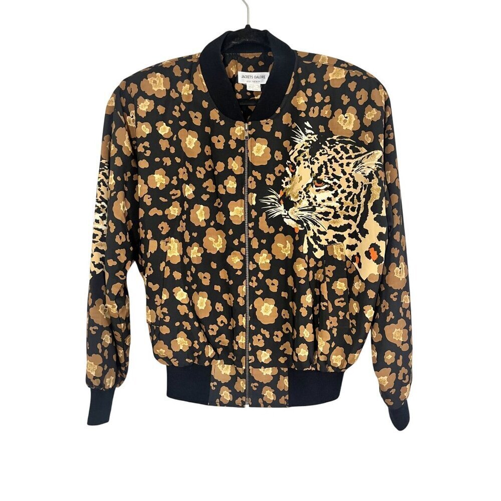 Retro Animal Print Bomber Jacket L Brown Leopard Safari Neutral Chic Festive 70s